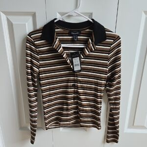 New-Look Striped Ribbed Polo Top in Brown & Black